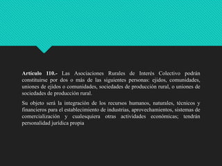Artículo 110.- Las Asociaciones Rurales de Interés Colectivo podrán
constituirse por dos o más de las siguientes personas: ejidos, comunidades,
uniones de ejidos o comunidades, sociedades de producción rural, o uniones de
sociedades de producción rural.
Su objeto será la integración de los recursos humanos, naturales, técnicos y
financieros para el establecimiento de industrias, aprovechamientos, sistemas de
comercialización y cualesquiera otras actividades económicas; tendrán
personalidad jurídica propia

 