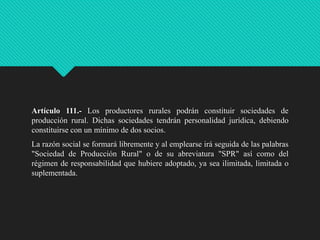 Artículo 111.- Los productores rurales podrán constituir sociedades de
producción rural. Dichas sociedades tendrán personalidad jurídica, debiendo
constituirse con un mínimo de dos socios.
La razón social se formará libremente y al emplearse irá seguida de las palabras
"Sociedad de Producción Rural" o de su abreviatura "SPR" así como del
régimen de responsabilidad que hubiere adoptado, ya sea ilimitada, limitada o
suplementada.

 