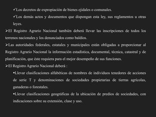 Los decretos de expropiación de bienes ejidales o comunales.
Los demás actos y documentos que dispongan esta ley, sus reglamentos u otras
leyes.

El Registro Agrario Nacional también deberá llevar las inscripciones de todos los
terrenos nacionales y los denunciados como baldíos.
Las autoridades federales, estatales y municipales están obligadas a proporcionar al
Registro Agrario Nacional la información estadística, documental, técnica, catastral y de
planificación, que éste requiera para el mejor desempeño de sus funciones.
El Registro Agrario Nacional deberá :
Llevar clasificaciones alfabéticas de nombres de individuos tenedores de acciones
de serie T y denominaciones de sociedades propietarias de tierras agrícolas,
ganaderas o forestales.
Llevar clasificaciones geográficas de la ubicación de predios de sociedades, con
indicaciones sobre su extensión, clase y uso.

 