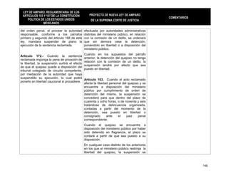 LEY DE AMPARO, REGLAMENTARIA DE LOS
 ARTICULOS 103 Y 107 DE LA CONSTITUCION           PROYECTO DE NUEVA LEY DE AMPARO
                                                                                               COMENTARIOS
    POLITICA DE LOS ESTADOS UNIDOS                 DE LA SUPREMA CORTE DE JUSTICIA
              MEXICANOS

del orden penal, al proveer la autoridad       efectuada por autoridades administrativas
responsable, conforme a los párrafos           distintas del ministerio público, en relación
primero y segundo del articulo 168 de esta     con la comisión de un delito, se ordenará
ley, mandara suspender de plano la             que sin demora cese la detención,
ejecución de la sentencia reclamada.           poniéndolo en libertad o a disposición del
                                               ministerio público.
                                               Cuando en los supuestos del párrafo
Articulo 172.- Cuando la sentencia
                                               anterior, la detención del quejoso no tenga
reclamada imponga la pena de privación de
                                               relación con la comisión de un delito, la
la libertad, la suspensión surtirá el efecto
                                               suspensión tendrá por efecto que sea
de que el quejoso quede a disposición del
                                               puesto en libertad.
tribunal colegiado de circuito competente,
por mediación de la autoridad que haya
suspendido su ejecución, la cual podrá
                                               Artículo 163. Cuando el acto reclamado
ponerlo en libertad caucional si procediere.
                                               afecte la libertad personal del quejoso y se
                                               encuentre a disposición del ministerio
                                               público por cumplimiento de orden de
                                               detención del mismo, la suspensión se
                                               concederá para que dentro del plazo de
                                               cuarenta y ocho horas, o de noventa y seis
                                               tratándose de delincuencia organizada,
                                               contadas a partir del momento de la
                                               detención, sea puesto en libertad o
                                               consignado       ante    el    juez    penal
                                               correspondiente.
                                               Cuando el quejoso se encuentre a
                                               disposición del ministerio público por haber
                                               sido detenido en flagrancia, el plazo se
                                               contará a partir de que sea puesto a su
                                               disposición.
                                               En cualquier caso distinto de los anteriores
                                               en los que el ministerio público restrinja la
                                               libertad del quejoso, la suspensión se



                                                                                                             148
 