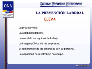 LA PREVENCIÓN LABORAL ELEVA La productividad. La estabilidad laboral. La moral de los equipos de trabajo. La imagen pública de las empresas. El compromiso de las empresas con su personal. La capacidad para el trabajo en equipo. 