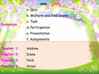 Evaluation  a. Quiz b. Midterm and final exams c. Task d. Participation e. Presentation f. Assignments Teacher 1: Teacher 2: Teacher 3: Teacher 4:  Andrew Irene York Vivian 