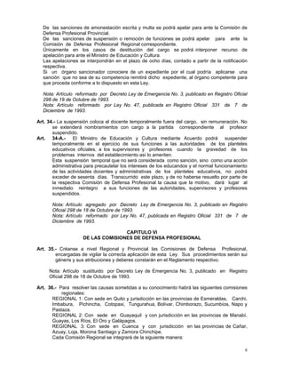 8
De las sanciones de amonestación escrita y multa se podrá apelar para ante la Comisión de
Defensa Profesional Provincial.
De las sanciones de suspensión o remoción de funciones se podrá apelar para ante la
Comisión de Defensa Profesional Regional correspondiente.
Únicamente en los casos de destitución del cargo se podrá interponer recurso de
apelación para ante el Ministro de Educación y Cultura.
Las apelaciones se interpondrán en el plazo de ocho días, contado a partir de la notificación
respectiva.
Si un órgano sancionador conociere de un expediente por el cual podría aplicarse una
sanción que no sea de su competencia remitirá dicho expediente, al órgano competente para
que proceda conforme a lo dispuesto en esta Ley.
Nota: Artículo reformado por Decreto Ley de Emergencia No. 3, publicado en Registro Oficial
298 de 18 de Octubre de 1993.
Nota: Artículo reformado por Ley No. 47, publicada en Registro Oficial 331 de 7 de
Diciembre de 1993.
Art. 34.- La suspensión coloca al docente temporalmente fuera del cargo, sin remuneración. No
se extenderá nombramientos con cargo a la partida correspondiente al profesor
suspendido.
Art. 34-A.- El Ministro de Educación y Cultura mediante Acuerdo podrá suspender
temporalmente en el ejercicio de sus funciones a las autoridades de los planteles
educativos oficiales, a los supervisores y profesores cuando la gravedad de los
problemas internos del establecimiento así lo ameriten.
Esta suspensión temporal que no será considerada como sanción, sino como una acción
administrativa para precautelar los intereses de los educandos y el normal funcionamiento
de las actividades docentes y administrativas de los planteles educativos, no podrá
exceder de sesenta días. Transcurrido este plazo, y de no haberse resuelto por parte de
la respectiva Comisión de Defensa Profesional la causa que la motivo, dará lugar al
inmediato reintegro a sus funciones de las autoridades, supervisores y profesores
suspendidos.
Nota: Artículo agregado por Decreto Ley de Emergencia No. 3, publicado en Registro
Oficial 298 de 18 de Octubre de 1993.
Nota: Artículo reformado por Ley No. 47, publicada en Registro Oficial 331 de 7 de
Diciembre de 1993.
CAPITULO VI
DE LAS COMISIONES DE DEFENSA PROFESIONAL
Art. 35.- Créanse a nivel Regional y Provincial las Comisiones de Defensa Profesional,
encargadas de vigilar la correcta aplicación de esta Ley. Sus procedimientos serán sui
géneris y sus atribuciones y deberes constarán en el Reglamento respectivo.
Nota: Artículo sustituido por Decreto Ley de Emergencia No. 3, publicado en Registro
Oficial 298 de 18 de Octubre de 1993.
Art. 36.- Para resolver las causas sometidas a su conocimiento habrá las siguientes comisiones
regionales:
REGIONAL 1: Con sede en Quito y jurisdicción en las provincias de Esmeraldas, Carchi,
Imbabura, Pichincha, Cotopaxi, Tungurahua, Bolívar, Chimborazo, Sucumbíos, Napo y
Pastaza.
REGIONAL 2: Con sede en Guayaquil y con jurisdicción en las provincias de Manabí,
Guayas, Los Ríos, El Oro y Galápagos.
REGIONAL 3: Con sede en Cuenca y con jurisdicción en las provincias de Cañar,
Azuay, Loja, Morona Santiago y Zamora Chinchipe.
Cada Comisión Regional se integrará de la siguiente manera:
 