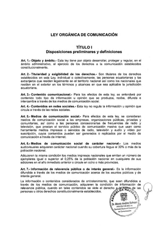 LEY ORGÁNICA DE COMUNICACIÓN
TÍTULO I
Disposiciones preliminares y definiciones
S P
Dí Mauro Andino Reinosojj
> p r e s i d e n c i a ¡ f l
de Comunicación / /
 