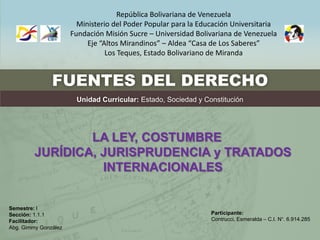 República Bolivariana de Venezuela
                        Ministerio del Poder Popular para la Educación Universitaria
                      Fundación Misión Sucre – Universidad Bolivariana de Venezuela
                           Eje “Altos Mirandinos” – Aldea “Casa de Los Saberes”
                                 Los Teques, Estado Bolivariano de Miranda


               FUENTES DEL DERECHO
                       Unidad Curricular: Estado, Sociedad y Constitución




                 LA LEY, COSTUMBRE
         JURÍDICA, JURISPRUDENCIA y TRATADOS
                   INTERNACIONALES


Semestre: I
Sección: 1.1.1                                                  Participante:
Facilitador:                                                    Contrucci, Esmeralda – C.I. N°. 6.914.285
Abg. Gimmy González
 