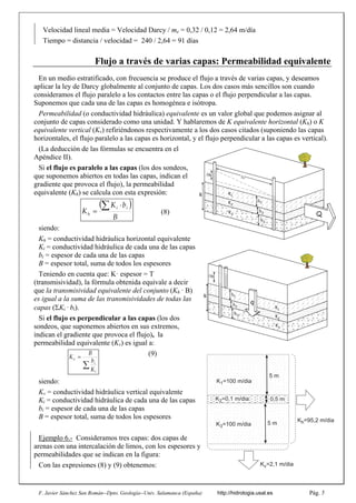 F. Javier Sánchez San Román--Dpto. Geología--Univ. Salamanca (España) http://hidrologia.usal.es Pág. 5
Velocidad lineal media = Velocidad Darcy / me = 0,32 / 0,12 = 2,64 m/día
Tiempo = distancia / velocidad = 240 / 2,64 = 91 días
Flujo a través de varias capas: Permeabilidad equivalente
En un medio estratificado, con frecuencia se produce el flujo a través de varias capas, y deseamos
aplicar la ley de Darcy globalmente al conjunto de capas. Los dos casos más sencillos son cuando
consideramos el flujo paralelo a los contactos entre las capas o el flujo perpendicular a las capas.
Suponemos que cada una de las capas es homogénea e isótropa.
Permeabilidad (o conductividad hidráulica) equivalente es un valor global que podemos asignar al
conjunto de capas considerado como una unidad. Y hablaremos de K equivalente horizontal (Kh) o K
equivalente vertical (Kv) refiriéndonos respectivamente a los dos casos citados (suponiendo las capas
horizontales, el flujo paralelo a las capas es horizontal, y el flujo perpendicular a las capas es vertical).
(La deducción de las fórmulas se encuentra en el
Apéndice II).
Si el flujo es paralelo a las capas (los dos sondeos,
que suponemos abiertos en todas las capas, indican el
gradiente que provoca el flujo), la permeabilidad
equivalente (Kh) se calcula con esta expresión:
 
B
b
K
K
i
i
h
 
 (8)
siendo:
Kh = conductividad hidráulica horizontal equivalente
Ki = conductividad hidráulica de cada una de las capas
bi = espesor de cada una de las capas
B = espesor total, suma de todos los espesores
Teniendo en cuenta que: Kꞏ espesor = T
(transmisividad), la fórmula obtenida equivale a decir
que la transmisividad equivalente del conjunto (Kh ꞏ B)
es igual a la suma de las transmisividades de todas las
capas (Ki ꞏ bi).
Si el flujo es perpendicular a las capas (los dos
sondeos, que suponemos abiertos en sus extremos,
indican el gradiente que provoca el flujo), la
permeabilidad equivalente (Kv) es igual a:


i
i
v
K
b
B
K
(9)
siendo:
Kv = conductividad hidráulica vertical equivalente
Ki = conductividad hidráulica de cada una de las capas
bi = espesor de cada una de las capas
B = espesor total, suma de todos los espesores
Ejemplo 6.- Consideramos tres capas: dos capas de
arenas con una intercalación de limos, con los espesores y
permeabilidades que se indican en la figura:
Con las expresiones (8) y (9) obtenemos:
Dh
B
K1
K3
K2
b1
b3
b2
q
Dl
Dh
Q
B K1
K3
K2
b1
b3
b2
5 m
5 m
0,5 m
K1=100 m/dia
K3=100 m/dia
K2=0,1 m/dia
Kh=95,2 m/dia
Kv=2,1 m/dia
 