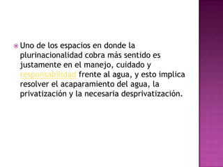  Uno de los espacios en donde la
 plurinacionalidad cobra más sentido es
 justamente en el manejo, cuidado y
 responsabilidad frente al agua, y esto implica
 resolver el acaparamiento del agua, la
 privatización y la necesaria desprivatización.
 