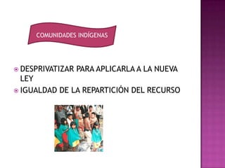 COMUNIDADES INDÍGENAS




 DESPRIVATIZAR   PARA APLICARLA A LA NUEVA
  LEY
 IGUALDAD DE LA REPARTICIÓN DEL RECURSO
 