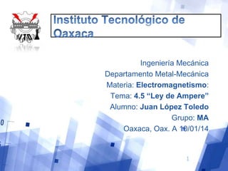Ingeniería Mecánica
Departamento Metal-Mecánica
Materia: Electromagnetismo:
Tema: 4.5 “Ley de Ampere”
Alumno: Juan López Toledo
Grupo: MA
Oaxaca, Oax. A 10/01/14

1

 