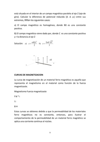 9
está situada en el interior de un campo magnético paralelo al eje Z (eje de
giro). Calcular la diferencia de potencial inducida (d. d. p.) entre sus
a) El campo magnético es homogéneo, donde B0 es una constante
positiva.
B) El campo magnético viene dado por, donde C es una constante positiva
y r la distancia al eje Z
Solución:
2 3
0 2
) )
2 3
B L C L
a b
 
  
CURVAS DE MAGNETIZACION
La curva de magnetización de un material ferro magnético es aquella que
representa el magnetismo en el material como función de la fuerza
magnetizaste.
Magnetismo Fuerza magnetizaste
f N * i
l i
B H
Estas curvas se obtienes debido a que la permeabilidad de los materiales
ferro magnéticos no es constante, entonces, para ilustrar el
comportamiento de la permeabilidad de un material ferro magnético se
aplica una corriente continua al núcleo.
B
z
x
y
 