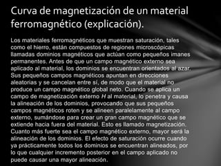 Los materiales ferromagnéticos que muestran saturación, tales
como el hierro, están compuestos de regiones microscópicas
llamadas dominios magnéticos que actúan como pequeños imanes
permanentes. Antes de que un campo magnético externo sea
aplicado al material, los dominios se encuentran orientados al azar.
Sus pequeños campos magnéticos apuntan en direcciones
aleatorias y se cancelan entre sí, de modo que el material no
produce un campo magnético global neto. Cuando se aplica un
campo de magnetización externo H al material, lo penetra y causa
la alineación de los dominios, provocando que sus pequeños
campos magnéticos roten y se alineen paralelamente al campo
externo, sumándose para crear un gran campo magnético que se
extiende hacia fuera del material. Esto es llamado magnetización.
Cuanto más fuerte sea el campo magnético externo, mayor será la
alineación de los dominios. El efecto de saturación ocurre cuando
ya prácticamente todos los dominios se encuentran alineados, por
lo que cualquier incremento posterior en el campo aplicado no
puede causar una mayor alineación.
Curva de magnetización de un material
ferromagnético (explicación).
 