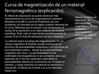 El efecto de saturación se puede observar más
claramente en la curva de magnetización (también
llamada curva BH o curva de histéresis) de una
sustancia, en concreto en la región superior derecha de
la curva. Mientras que el campo H se incrementa, el
campo B se aproxima a un valor máximo de manera
asintótica. Este valor al cual tiende asintóticamente el
campo B es el nivel de saturación de esa sustancia.
La relación entre el campo de magnetización H y el
campo magnético B también puede expresarse en
términos de permeabilidad magnética: o en términos de
permeabilidad relativa , donde es la permeabilidad
magnética del vacío. La permeabilidad de los
materiales ferromagnéticos no es constante, sino que
depende de H. En los materiales saturables la
permeabilidad relativa se incrementa con H hasta un
máximo, y luego mientras el material se aproxima a
saturación, el efecto se invierte y la curva decrece
hasta uno.
Curva de magnetización de un material
ferromagnético (explicación).
Debido al efecto de
saturación, la
permeabilidad
magnética μf de una
sustancia
ferromagnética
alcanza un máximo
y luego declina.
 