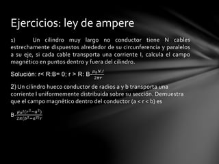 1) Un cilindro muy largo no conductor tiene N cables
estrechamente dispuestos alrededor de su circunferencia y paralelos
a su eje, si cada cable transporta una corriente I, calcula el campo
magnético en puntos dentro y fuera del cilindro.
Solución: r< R:B= 0; r > R: B-
𝜇0 𝑁.𝐼
2𝜋𝑟
2) Un cilindro hueco conductor de radios a y b transporta una
corriente I uniformemente distribuida sobre su sección. Demuestra
que el campo magnético dentro del conductor (a < r < b) es
B-
𝜇0 𝐼(𝑟2−𝑎2)
2𝜋(𝑏2−𝑎2) 𝑟
Ejercicios: ley de ampere
 