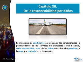 Capítulo XII.
                           De la responsabilidad por daños




                    Se menciona las condiciones en los cuáles los concesionarios o
                    permisionarios de los servicios de transporte aéreo nacional,
                    serán responsables o no, de los daños causados a los pasajeros, a
                    la carga y al equipaje en el transporte.


http://www.sct.gob.mx/
 