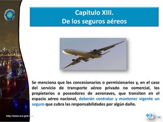 Capítulo XIII.
                                   De los seguros aéreos




                    Se menciona que los concesionarios o permisionarios y, en el caso
                    del servicio de transporte aéreo privado no comercial, los
                    propietarios o poseedores de aeronaves, que transiten en el
                    espacio aéreo nacional, deberán contratar y mantener vigente un
                    seguro que cubra las responsabilidades por algún daño.

http://www.sct.gob.mx/
 