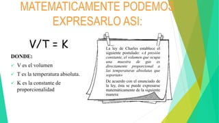 MATEMATICAMENTE PODEMOS
EXPRESARLO ASI:
V/T = K
DONDE:
 V es el volumen
 T es la temperatura absoluta.
 K es la constante de
proporcionalidad
La ley de Charles establece el
siguiente postulado: «A presión
constante, el volumen que ocupa
una muestra de gas es
directamente proporcional a
las temperaturas absolutas que
soportan»
De acuerdo con el enunciado de
la ley, ésta se puede expresarse
matemáticamente de la siguiente
manera:
 