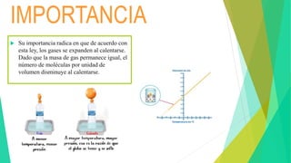 IMPORTANCIA
 Su importancia radica en que de acuerdo con
esta ley, los gases se expanden al calentarse.
Dado que la masa de gas permanece igual, el
número de moléculas por unidad de
volumen disminuye al calentarse.
 