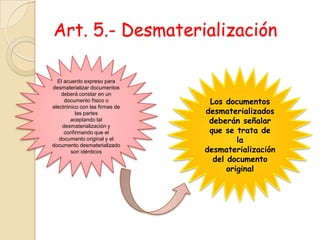 Art. 5.- DesmaterializaciónEl acuerdo expreso para desmaterializar documentosdeberá constar en un documento físico o electrónico con las firmas de las partesaceptando tal desmaterialización y confirmando que el documento original y eldocumento desmaterializado son idénticosLos documentos desmaterializados deberán señalar que se trata de ladesmaterialización del documento original