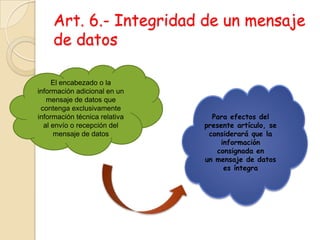 Art. 6.- Integridad de un mensaje de datosEl encabezado o lainformación adicional en un mensaje de datos que contenga exclusivamenteinformación técnica relativa al envío o recepción del mensaje de datosPara efectos del presente artículo, se considerará que la información consignada enun mensaje de datos es íntegra