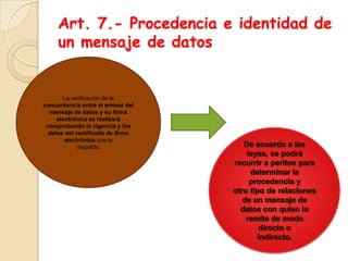 Art. 7.- Procedencia e identidad de un mensaje de datosLa verificación de laconcordancia entre el emisor del mensaje de datos y su firma electrónica se realizarácomprobando la vigencia y los datos del certificado de firma electrónica que larespalda.De acuerdo a las leyes, se podrá recurrir a peritos para determinar la procedencia yotro tipo de relaciones de un mensaje de datos con quien lo remite de modo directo oindirecto.