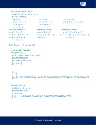 AL
2021- BICENTENARIO -PERU
ELEMENTO SIMETRICO
∀𝑎𝜖𝑅∃! 𝑎′
∈ 𝑅/ 𝑎 ∗ 𝑎′
=𝑎′
∗ 𝑎 = 𝑒
𝐷𝐸𝑀𝑂𝑆𝑇𝑅𝐴𝐶𝐼𝑂𝑁
𝑎 ∗ 𝑎′
= 𝑒 𝑎′
∗ 𝑎 = 𝑒 𝑎 ∗ 𝑎′
=𝑎′
∗ 𝑎
𝑎 + 𝑎′
+ 3 = −3 𝑎′ + 𝑎 + 3 = −3 𝑎 + 𝑎′
+ 3 = 𝑎′ + 𝑎 + 3
𝑎′
= −6 − 𝑎 𝑎′
= −6 − 𝑎
𝑎′
= −6 − 𝑎
REEMPLAZANDO REEMPLAZANDO REEMPLAZANDO
𝑎 + 𝑎′
+ 3 = −3 𝑎′ + 𝑎 + 3 = −3 𝑎 + 𝑎′
+ 3 = 𝑎′ + 𝑎 + 3
𝑎 + (−6 − 𝑎) + 3 = −3 −6 − 𝑎 + 𝑎 + 3 = −3 𝑎 + (−6 − 𝑎) + 3 = −6 − 𝑎 + 𝑎 + 3
𝑎 − 6 − 𝑎 + 3 = −3 −3 = −3 −3 = −3
−3 = −3
∃𝒂′
∈ 𝑹/ 𝒂′
= −𝟔 − 𝒂; ∀𝒂 ∈ 𝑹
i. a⋇b = a/b; ∀a,b ∈ℚ
ASOCIATIVA
∀𝑎, 𝑏, 𝑐𝜖𝑄/ (𝑎 ∗ 𝑏) ∗ 𝑐 = 𝑎 ∗ (𝑏 ∗ 𝑐)
DEMOSTRACION
(𝑎 ∗ 𝑏) ∗ 𝑐 = 𝑎 ∗ (𝑏 ∗ 𝑐)
𝑎
𝑏
∗ 𝑐 = 𝑎 ∗
𝑏
𝑐
𝑎
𝑏
𝑐
=
𝑎
𝑏
𝑐
𝑎
𝑏𝑐
≠
𝑎𝑐
𝑏
NO CUMPLE CON LA LEY DE COMPOSICION INTERNA EN LOS RACIONALES
CONMUTATIVA
∀𝑎, 𝑏𝜖𝑄/ 𝑎 ∗ 𝑏 = 𝑏 ∗ 𝑎
DEMOSTRACION
𝑎 ∗ 𝑏 = 𝑏 ∗ 𝑎
𝑎
𝑏
≠
𝑏
𝑎
……..NO CUMPLE LA LEY DE COMPOSICION INTERNA EN Q
 