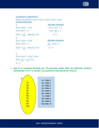 AL
2021- BICENTENARIO -PERU
ELEMENTO SIMETRICO
∀𝑓(𝑥) ∈ 𝑅, ∃! 𝑓(𝑥)′
/ 𝑓(𝑥) ∗ 𝑓(𝑥)′ = 𝑓(𝑥)′ ∗ 𝑓(𝑥) = 𝑒(𝑥)
DEMOSTRACION
1. REEMPLAZANDO
𝑓(𝑥) ∗ 𝑓(𝑥)′
= 𝑒(𝑥) 𝑓(𝑥) . 𝑓(𝑥)′
= 1
𝑓(𝑥) . 𝑓(𝑥)′
= 1 𝑓(𝑥) .
1
𝑓(𝑥)
= 1
𝑓(𝑥)′
=
1
𝑓(𝑥)
con 𝑓(𝑥) ≠ 0 1 = 1
2.
𝑓(𝑥)′ ∗ 𝑓(𝑥) = 𝑒(𝑥) REEMPLAZANDO
𝑓(𝑥)′
. 𝑓(𝑥) = 1
1
𝑓(𝑥)
. 𝑓(𝑥) = 1
𝑓(𝑥)′
=
1
𝑓(𝑥)
con 𝑓(𝑥) ≠ 0 1 = 1
3.
𝑓(𝑥) ∗ 𝑓(𝑥)′ = 𝑓(𝑥)′ ∗ 𝑓(𝑥)
𝑓(𝑥) .
1
𝑓(𝑥)
=
1
𝑓(𝑥)
. 𝑓(𝑥)
1 = 1
s. Sea S un conjunto formado por 10 personas, todas ellas con diferente estatura,
definida por a ⋇ b = c, donde c es la persona más alta de las 10 en S.
1p.
2p.
3p.
4p.
5p.
6p.
7p.
8p.
9p.
10p.
S
1p. =talla 1
2p.=talla 2
3p.=talla 3
4p.=talla 4
5p.=talla 5
6p.=talla 6
7p.=talla7
8p.=talla 8
9p.=talla 9
10p=talla 10
 