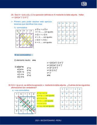 AL
2021- BICENTENARIO -PERU
29. Sea A = {a;b;c;d} y ⊛ la operación definida en A mediante la tabla adjunta. Hallar:
x = [(d⊛a’ )’ ⊛ b’ ]’
Si es conmutativa ⊛
30.Si A = {p;q;r;s}, se define la operación ⋇ mediante la tabla adjunta. ¿Cuántas de las siguientes
afirmaciones son verdaderas?
a. ⋇ es conmutativa.
⊛ a b c d
a a b c d
b b a d c
c c d a b
d d c b a
⋇ q r s p
q p s r q
r s p q r
s r p q s
p q r s p
➢ Primero para poder resolver este ejercicio
tenemos que identificar tres cosa:
1) conmutativa
2) elemento neutro e=a
3) a⊛a’=e
a⊛a=a
b⊛b =a
c⊛ c=a
d⊛ d=a
a’=a
b’=b
c’=c
d’=d
𝑝 ∗ 𝑞 = 𝑞 ∗ 𝑝
𝑞 = 𝑞………son iguales
𝑞 ∗ 𝑟 = 𝑟 ∗ 𝑞
𝑠 = 𝑠..……son iguales
𝑟 ∗ 𝑠 = 𝑠 ∗ 𝑟
𝑝 = 𝑞….no son iguales
𝑝 ⊛ 𝑞 = 𝑞 ⊛ 𝑝
𝑏 = 𝑏……….son iguales
𝑏 ⊛ c = 𝑐 ⊛ b
𝑑 = 𝑑..……son iguales
𝑐 ⊛ 𝑑 = 𝑑 ⊛ c
𝑏 = 𝑏……. son iguales
x = [(d⊛a’)’ ⊛ b’ ]’
x= [(d⊛a)’ ⊛ b’ ]’
x= [d’ ⊛ b’ ]’
x= [d ⊛ b ]’
x= c’
x=c
 