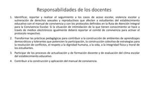 Responsabilidades de los docentes
1. Identificar, reportar y realizar el seguimiento a los casos de acoso escolar, violencia escolar y
vulneración de derechos sexuales y reproductivos que afecten a estudiantes del establecimiento
educativo con el manual de convivencia y con los protocolos definidos en la Ruta de Atención Integral
para la Convivencia Escolar. Si la situación de intimidación de la que tienen conocimiento se hace a
través de medios electrónicos igualmente deberá reportar al comité de convivencia para activar el
protocolo respectivo.
2. Transformar las prácticas pedagógicas para contribuir a la construcción de ambientes de aprendizajes
democráticos y tolerantes que potencien la participación, la construcción colectiva de estrategias para
la resolución de conflictos, el respeto a la dignidad humana, a la vida, a la integridad física y moral de
los estudiantes.
3. Participar de los procesos de actualización y de formación docente y de evaluación del clima escolar
del establecimiento educativo.
4. Contribuir a la construcción y aplicación del manual de convivencia.
 
