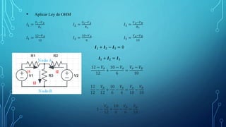 • Aplicar Ley de OHM
𝐼1 =
𝑉1−𝑉𝐴
𝑅1
𝐼2 =
𝑉2−𝑉𝐴
𝑅2
𝐼3 =
𝑉𝐴−𝑉𝐵
𝑅3
𝐼1 =
12−𝑉𝐴
12
𝐼2 =
10−𝑉𝐴
6
𝐼3 =
𝑉𝐴−𝑉𝐵
10
12 − 𝑉𝐴
12
+
10 − 𝑉𝐴
6
=
𝑉𝐴 − 𝑉𝐵
10
12
12
−
𝑉𝐴
12
+
10
6
−
𝑉𝐴
6
=
𝑉𝐴
10
−
𝑉𝐵
10
1 −
𝑉𝐴
12
+
10
6
−
𝑉𝐴
6
=
𝑉𝐴
10
𝑰1 + 𝑰2 − 𝑰3 = 0
𝑰1 + 𝑰2 = 𝑰3
 