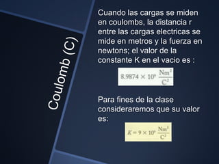 Cuando las cargas se miden
en coulombs, la distancia r
entre las cargas electricas se
mide en metros y la fuerza en
newtons; el valor de la
constante K en el vacio es :




Para fines de la clase
consideraremos que su valor
es:
 