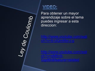 Para obtener un mayor
aprendizaje sobre el tema
puedes ingresar a esta
direccion:


http://www.youtube.com/wat
ch?v=8-UQmMyrJ-g


http://www.youtube.com/wat
ch?v=sM6n9-
Ggd6k&feature=related
 