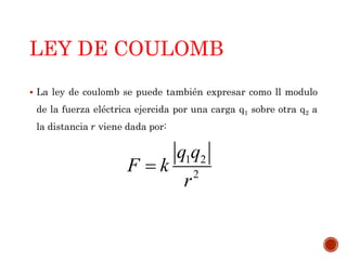 LEY DE COULOMB
 La ley de coulomb se puede también expresar como ll modulo
de la fuerza eléctrica ejercida por una carga q1 sobre otra q2 a
la distancia 𝑟 viene dada por:
1 2
2
q q
F k
r

 