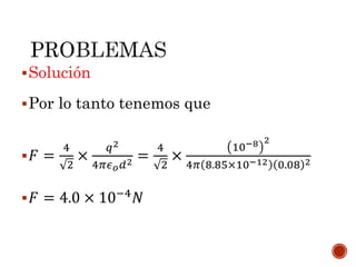 Solución
Por lo tanto tenemos que
 𝐹 =
4
2
×
𝑞2
4𝜋𝜖 𝑜 𝑑2 =
4
2
×
10−8 2
4𝜋 8.85×10−12 0.08 2
 𝐹 = 4.0 × 10−4
𝑁
 