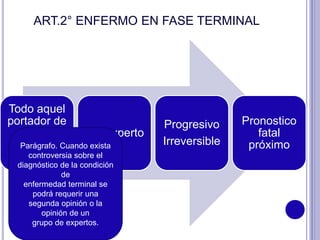 ART.2° ENFERMO EN FASE TERMINAL
Todo aquel
portador de
enf. O
condición
pat. Grave
Dx: experto
Progresivo
Irreversible
Pronostico
fatal
próximoParágrafo. Cuando exista
controversia sobre el
diagnóstico de la condición
de
enfermedad terminal se
podrá requerir una
segunda opinión o la
opinión de un
grupo de expertos.
 