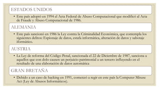 ESTADOS UNIDOS
• Este país adoptó en 1994 el Acta Federal de Abuso Computacional que modificó al Acta
de Fraude y Abuso Computacional de 1986.
ALEMANIA
• Este país sancionó en 1986 la Ley contra la Criminalidad Económica, que contempla los
siguientes delitos: Espionaje de datos, estafa informática, alteración de datos y sabotaje
iformático.
AUSTRIA
• La Ley de reforma del Código Penal, sancionada el 22 de Diciembre de 1987, sanciona a
aquellos que con dolo causen un perjuicio patrimonial a un tercero influyendo en el
resultado de una elaboración de datos automática
GRAN BRETAÑA
• Debido a un caso de hacking en 1991, comenzó a regir en este país la Computer Misuse
Act (Ley de Abusos Informáticos).
 