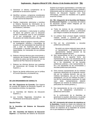 Suplemento - Registro Oficial Nº 298 – Martes 12 de Octubre del 2010 36
c) Garantizar el efectivo cumplimiento de la
gratuidad en la educación superior;
d) Identificar carreras y programas considerados
de interés público y priorizarlas de acuerdo con
el plan nacional de desarrollo;
e) Diseñar, implementar, administrar y coordinar
el Sistema Nacional de Información de la
Educación Superior del Ecuador, y el Sistema
de Nivelación y Admisión;
f) Diseñar, administrar e instrumentar la política
de becas del gobierno para la educación
superior ecuatoriana; para lo cual coordinará,
en lo que corresponda, con el Instituto
Ecuatoriano de Crédito Educativo y Becas;
g) Establecer desde el gobierno nacional, políticas
de investigación científica y tecnológica de
acuerdo con las necesidades del desarrollo del
país y crear los incentivos para que las
universidades y escuelas politécnicas puedan
desarrollarlas, sin menoscabo de sus políticas
internas;
h) Elaborar informes técnicos para conocimiento y
resolución del Consejo de Educación Superior
en todos los casos que tienen que ver con los
objetivos del Plan Nacional de Desarrollo;
i) Elaborar los informes técnicos que sustenten
las resoluciones del Consejo de Educación
Superior; y,
j) Ejercer las demás atribuciones que le confiera
la Función Ejecutiva y la presente Ley.
CAPÍTULO 4
DE LOS ORGANISMOS DE CONSULTA
Art. 184.- Organismos de Consulta.- Son órganos
de consulta del Sistema de Educación Superior, en
sus respectivos ámbitos, los siguientes:
a) La Asamblea del Sistema de Educación
Superior; y,
b) Los Comités Regionales Consultivos de
Planificación de la Educación Superior.
Sección Primer
De la Asamblea del Sistema de Educación
Superior
Art. 185.- Asamblea del Sistema de Educación
Superior.- La Asamblea del Sistema de Educación
Superior es el órgano representativo y consultivo que
sugiere al Consejo de Educación Superior, políticas y
lineamientos para las instituciones que conforman el
Sistema de Educación Superior. Con fines
informativos, conocerá los resultados de la gestión
anual del Consejo.
Art. 186.- Integración de la Asamblea del Sistema
de Educación Superior.- La Asamblea del sistema
de educación superior estará integrada por los
siguientes miembros:
a) Todos los rectores de las universidades y
escuelas politécnicas públicas y particulares
que integran el sistema de educación superior;
b) Un profesor titular principal elegido mediante
votación secreta y universal por cada
universidad y escuela politécnica pública;
c) Dos por las universidades y escuelas
politécnicas particulares.
No podrá una misma institución tener más de
un representante; y obligatoriamente sus
representantes deberán provenir de las
diferentes regiones del país;
d) Seis representantes de las y los estudiantes,
distribuidos de la siguiente forma: dos
representantes de las y los estudiantes de las
universidades públicas; dos representantes de
las y los estudiantes de las escuelas
politécnicas públicas, y dos representantes de
las y los estudiantes de las universidades y
escuelas politécnicas particulares;
e) Ocho rectores representantes de los institutos
superiores distribuidos de la siguiente manera:
dos por los institutos técnicos, dos por los
institutos tecnológicos, dos por los institutos
pedagógicos, uno por los institutos de artes, y
uno por los conservatorios superiores. En cada
caso, estas representaciones deberán
integrarse por rectores de institutos públicos y
particulares de manera paritaria; y,
f) Dos representantes de las y los servidores y
las y los trabajadores universitarios y
politécnicos del Ecuador.
En la conformación de la Asamblea se
garantizará la equidad, alternancia y la paridad
de la representación entre hombres y mujeres.
Art. 187.- Incremento del número de miembros en
la Asamblea.- Cuando se creare una institución del
Sistema de Educación Superior, se incrementará el
número de miembros de la Asamblea de acuerdo
con lo que establezca el reglamento.
 