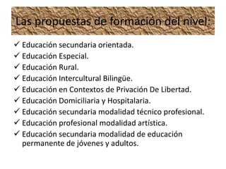 Las propuestas de formación del nivel:
 Educación secundaria orientada.
 Educación Especial.
 Educación Rural.
 Educación Intercultural Bilingüe.
 Educación en Contextos de Privación De Libertad.
 Educación Domiciliaria y Hospitalaria.
 Educación secundaria modalidad técnico profesional.
 Educación profesional modalidad artística.
 Educación secundaria modalidad de educación
permanente de jóvenes y adultos.
 