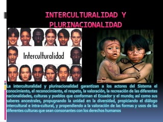 La interculturalidad y plurinacionalidad garantizan a los actores del Sistema el
conocimiento, el reconocimiento, el respeto, la valoración, la recreación de las diferentes
nacionalidades, culturas y pueblos que conforman el Ecuador y el mundo; así como sus
saberes ancestrales, propugnando la unidad en la diversidad, propiciando el diálogo
intercultural e intra-cultural, y propendiendo a la valoración de las formas y usos de las
diferentes culturas que sean consonantes con los derechos humanos
 