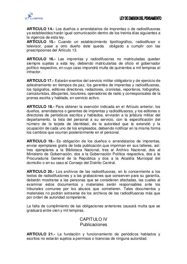 HONDURAS: Ley de Emisión del Pensamiento - Decreto 6 1958