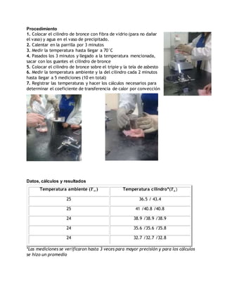 Procedimiento
1. Colocar el cilindro de bronce con fibra de vidrio (para no dañar
el vaso) y agua en el vaso de precipitado.
2. Calentar en la parrilla por 3 minutos
3. Medir la temperatura hasta llegar a 70°C
4. Pasados los 3 minutos y llegado a la temperatura mencionada,
sacar con los guantes el cilindro de bronce
5. Colocar el cilindro de bronce sobre el tripie y la tela de asbesto
6. Medir la temperatura ambiente y la del cilindro cada 2 minutos
hasta llegar a 5 mediciones (10 en total)
7. Registrar las temperaturas y hacer los cálculos necesarios para
determinar el coeficiente de transferencia de calor por convección
Datos, cálculos y resultados
Temperatura ambiente (𝑻∞) Temperatura cilindro*(𝑻 𝒔)
25 36.5 / 43.4
25 41 /40.8 /40.8
24 38.9 /38.9 /38.9
24 35.6 /35.6 /35.8
24 32.7 /32.7 /32.8
*Las mediciones se verificaron hasta 3 veces para mayor precisión y para los cálculos
se hizo un promedio
 