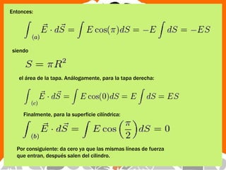Entonces:

siendo

el área de la tapa. Análogamente, para la tapa derecha:

Finalmente, para la superficie cilíndrica:

Por consiguiente: da cero ya que las mismas líneas de fuerza
que entran, después salen del cilindro.

 