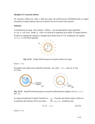 a
r
r a≤
4.2.13(a).
(a)
(b)
(b) r a≥
enc
E enc 0
E = 0, r a< (4.2.22)
≥
4-12
Ejemplo 4.3: Cascarón esférico
Un cascarón esférico de radio tiene una carga +Q uniformemente distribuida sobre su superf.
Encuentre el campo eléctrico tanto en el interior com en el exterior del cascarón.
Solución:
La distribución de carga tiene simetría esférica, con una densidad de carga superficial
2 2
s sσ = Q A/ = Q / 4 πa , donde A = 4πa es el área de la superficie de la esféra. El campo eléctrico
E debe ser radialmente simetrico y dirigido hacia afuera (Fig 4.2.12). Estudiemos las regiones
r a≤ y r a≥ de forma separada.
Fig. 4.2.12 Campo Eléctrico para un carcarón esférico de carga
Caso 1: r a≤
Escogemos una esféra como superficie Gausiana, con radio , como en la Fig.
Fig. 4.2.13 Superficie Gausiana para un cascarón uniformemente cargado con (a) r a< , y
La carga encerrada por la superf. Gausiana es q = 0 puesto que toda la carga se ubica en
la superficie del cascarón. De la Ley Gauss , Φ = q /ε , concluímos que
Caso 2: r a
 