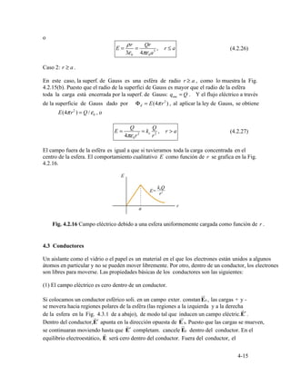 E =
3
ρ
ε
r
0
=
4πε
Qr
0a3
, r a≤ (4.2.26)
r a .≥
enc
Φ = E(4πr2
)E
2
0
Q Q
E = = k , r a> (4.2.27)
4πε0r2 e
r2
4.2.16.
ru

0
r
E′ . 

rur
′ 0
r
′ 0
ru

r
4-15
o
Caso 2:
En este caso, la superf. de Gauss es una esféra de radio r a≥ , como lo muestra la Fig.
4.2.15(b). Puesto que el radio de la superfici de Gauss es mayor que el radio de la esféra
toda la carga está encerrada por la superf. de Gauss: q = Q . Y el flujo eléctrico a través
de la superficie de Gauss dado por , al aplicar la ley de Gauss, se obtiene
E(4πr ) = Q /ε , o
El campo fuera de la esféra es igual a que si tuvieramos toda la carga concentrada en el
centro de la esfera. El comportamiento cualitativo E como función de r se grafica en la Fig.
Fig. 4.2.16 Campo eléctrico debido a una esfera uniformemente cargada como función de r .
4.3 Conductores
Un aislante como el vidrio o el papel es un material en el que los electrones están unidos a algunos
átomos en particular y no se pueden mover libremente. Por otro, dentro de un conductor, los electrones
son libres para moverse. Las propiedades básicas de los conductores son las siguientes:
(1) El campo eléctrico es cero dentro de un conductor.
Si colocamos un conductor esférico soli. en un campo exter. constanE , las cargas + y -
se movera hacia regiones polares de la esféra (las regiones a la izquierda y a la derecha
de la esfera en la Fig. 4.3.1 de a abajo), de modo tal que inducen un campo eléctric.
Dentro del conductor,E apunta en la dirección opuesta de E . Puesto que las cargas se mueven,
se continuaran moviendo hasta que E completam. cancele E dentro del conductor. En el
equilibrio electroestático, E será cero dentro del conductor. Fuera del conductor, el
 