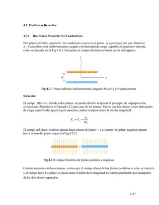 σ
E+ = E− =
2ε0
4-27
Problemas Resueltos4.7
4.7.1 Dos Planos Paralelos No Conductores
Dos planos infinitos paralelos no conductores yacen en el plano xy separados por una distancia
d . Cada plano esta uniformemente cargado con densidad de carga superficial igual pero opuesta,
como se muestra en la Fig 4.8.1. Encuentre el campo eléctrico en todas partes del espacio.
Fig 4.7.1 Plano infinitos uniformemente cargados Positiva y Negativamente
Solución:
El campo eléctrico debido a dos planos se puede obtener al aplicar el principio de superposición
al resultado obtenido en el Ejemplo 4.2 para uno de los planos. Puesto que los planos tienen denisdades
de carga superficiales iguales pero opuestas, ambos campos tienen la misma magnitud:
El campo del plano positivo apunta hacia afuera del plano + y el campo del plano negativo apunta
hacia dentro del plano negativo (Fig 4.7.2)
Fig 4.7.2 Campo Eléctrico de planos positivo y negativo.
Cuando sumamos ambos campos, vemos que el campo afuera de los planos paralelos es cero, se cancela,
y el campo entre los planos o placar tiene el doble de la magnitud del campo producido por cualquiera
de los dos planos separados.
 