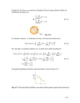 ⎧	 Q
>⎪ 2
rˆ, r a
r	 ⎪ 4πε0r
E = ⎨
⎪ Qr
3
rˆ, r a<
⎪⎩ 4πε0a
1
r
V r V( ) ( )
Q
dr′ =
1 Q
= k
Q
1 − ∞ = −∫∞ 4πε0r′2
4πε0 r
e
r
2
− ∞ = −( ) ∫ dr ( > )− ∫ E r a)= −∫ r
4πε0r2
− ∫ r′
4πε0a3
( )
a
E r a
r
( <
a
d
Q r
d
Qr
r′V r V2	 ∞ a ∞ a
=
4πε	
1
0
Q
a
−
4πε
1
0 a
Q
3
1
2
(r2
− a2
)=
8πε
1
0
Q
a
⎜
⎝
⎛
3−
a
r2
2 ⎟
⎠
⎞
Q ⎛ r2
⎞
= ke ⎜3− 2 ⎟
2a ⎝ a ⎠
4-31
Usando la L. de Gauss, se mostró en el Ejemplo 4.4 que el campo eléctrico debid a la
distribución de carga es de:
(4.7.3)
Fig. 4.7.6
(4.7.4)
El potencial eléctrico P (indicado en la Fig. 4.7.6) fuera de la esféra es de:
Por otro lado, el potencial eléctrico en P dentro de la esféra esta dado por:
(4.7.5)
Una grafica del potencial eléctrico como función de r se da en la Fig. 4.7.7:
Fig. 4.7.7 Potencial Eléctrico debido a una esféra uniformemente carged como funsión de r.
 