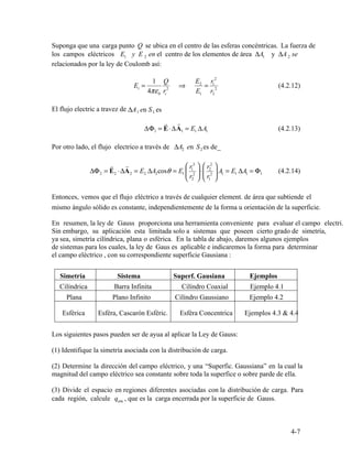 1 2 1 2
1 Q E r2
Ei = ⇒ 2
= 1
(4.2.12)
4πε r2
E r 2
0 i 1 2
1 1
r r
ΔΦ = ⋅Δ = E A (4.2.13)E A Δ1 1 1 1
r r ⎛ r1
2
⎞ ⎛ r2
2
⎞
E ⋅ΔA = E A cosθ = E ⋅ A E AΔΦ2 = 2 2 2 Δ 2 1 ⎜ 2 ⎟ ⎜ 2 ⎟ 1 = 1 Δ 1 = Φ1 (4.2.14)
⎝ r2 ⎠ ⎝ r1 ⎠
enc
4-7
Suponga que una carga punto Q se ubica en el centro de las esferas concéntricas. La fuerza de
los campos eléctricos E y E en el centro de los elementos de área ΔA y ΔA se
relacionados por la ley de Coulomb así:
El flujo electric a travez de ΔA en S es
Por otro lado, el flujo electrico a través de 2 2ΔA en S es de_
Entonces, vemos que el flujo eléctrico a través de cualquier element. de área que subtiende el
mismo ángulo sólido es constante, independientemente de la forma u orientación de la superficie.
En resumen, la ley de Gauss proporciona una herramienta conveniente para evaluar el campo electri.
Sin embargo, su aplicación esta limitada solo a sistemas que poseen cierto grado de simetría,
ya sea, simetría cilíndrica, plana o esférica. En la tabla de abajo, daremos algunos ejemplos
de sistemas para los cuales, la ley de Gaus es aplicable e indicaremos la forma para determinar
el campo eléctrico , con su correspondiente superficie Gausiana :
Simetría Sistema Superf. Gausiana Ejemplos
Cilíndrica Barra Infinita Cilíndro Coaxial Ejemplo 4.1
Plana Plano Infinito Cilíndro Gaussiano Ejemplo 4.2
Esférica Esféra, Cascarón Esféric. Esféra Concentrica Ejemplos 4.3 & 4.4
Los siguientes pasos pueden ser de ayua al aplicar la Ley de Gauss:
(1) Identifique la simetría asociada con la distribución de carga.
(2) Determine la dirección del campo eléctrico, y una “Superfic. Gaussiana” en la cual la
magnitud del campo eléctrico sea constante sobre toda la superfice o sobre parde de ella.
(3) Divide el espacio en regiones diferentes asociadas con la distribución de carga. Para
cada región, calcule q , que es la carga encerrada por la superficie de Gauss.
 