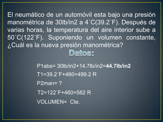 El neumático de un automóvil esta bajo una presión
manométrica de 30lb/in2 a 4´C(39.2´F). Después de
varias horas, la temperatura del aire interior sube a
50´C(122´F). Suponiendo un volumen constante,
¿Cuál es la nueva presión manométrica?
P1abs= 30lb/in2+14.7lb/in2=44.7lb/in2
T1=39.2´F+460=499.2 R
P2man= ?
T2=122´F+460=582 R
VOLUMEN= Cte.
 