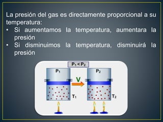 La presión del gas es directamente proporcional a su
temperatura:
• Si aumentamos la temperatura, aumentara la
presión
• Si disminuimos la temperatura, disminuirá la
presión
 