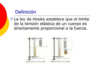Definición
   La ley de Hooke establece que el limite
    de la tensión elástica de un cuerpo es
    directamente proporcional a la fuerza.
 