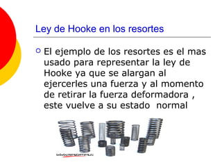 Ley de Hooke en los resortes

   El ejemplo de los resortes es el mas
    usado para representar la ley de
    Hooke ya que se alargan al
    ejercerles una fuerza y al momento
    de retirar la fuerza deformadora ,
    este vuelve a su estado normal
 